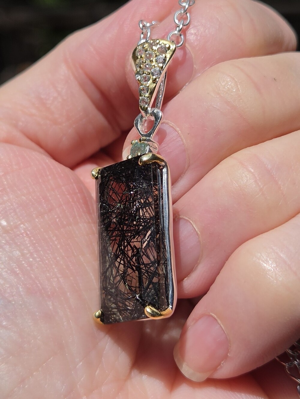 Rutilated Quartz Emerald Cut Natural 28k Topaz&tourmaline Pendant Necklace 18" - Picture 12 of 13